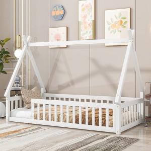 CAVINAS Twin/Full Size Bed Frame with Tent-Shaped Roof & Guardrails,Modern Floor Bed for Kids Room,Bedroom - 1 of 4
