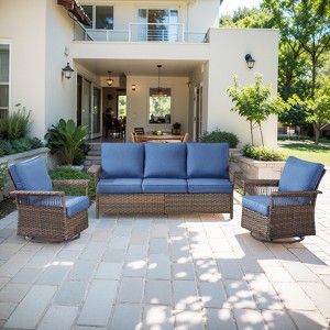 POCASSY 3 Pieces Patio Furniture Set, Patio Couch Set with Swivel Rocking Gliding Chairs with All Weather Brown Wicker and Olefin Cushion Cover - 1 of 4