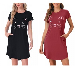 INSPIRE CHIC Women's 2 Pcs Cats Printing Pajamas Cute Printed Sleep Dress Short Sleeve Nightgowns - 1 of 4