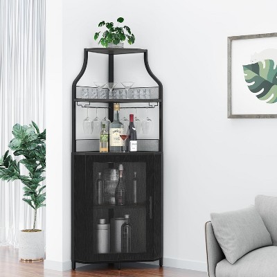 Corner Bar Cabinet with LED Lighting - 5-Tier Industrial Wine Storage, Glass Holder & Mesh Doors