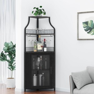 Corner Bar Cabinet with LED Lighting - 5-Tier Industrial Wine Storage, Glass Holder & Mesh Doors - 1 of 4