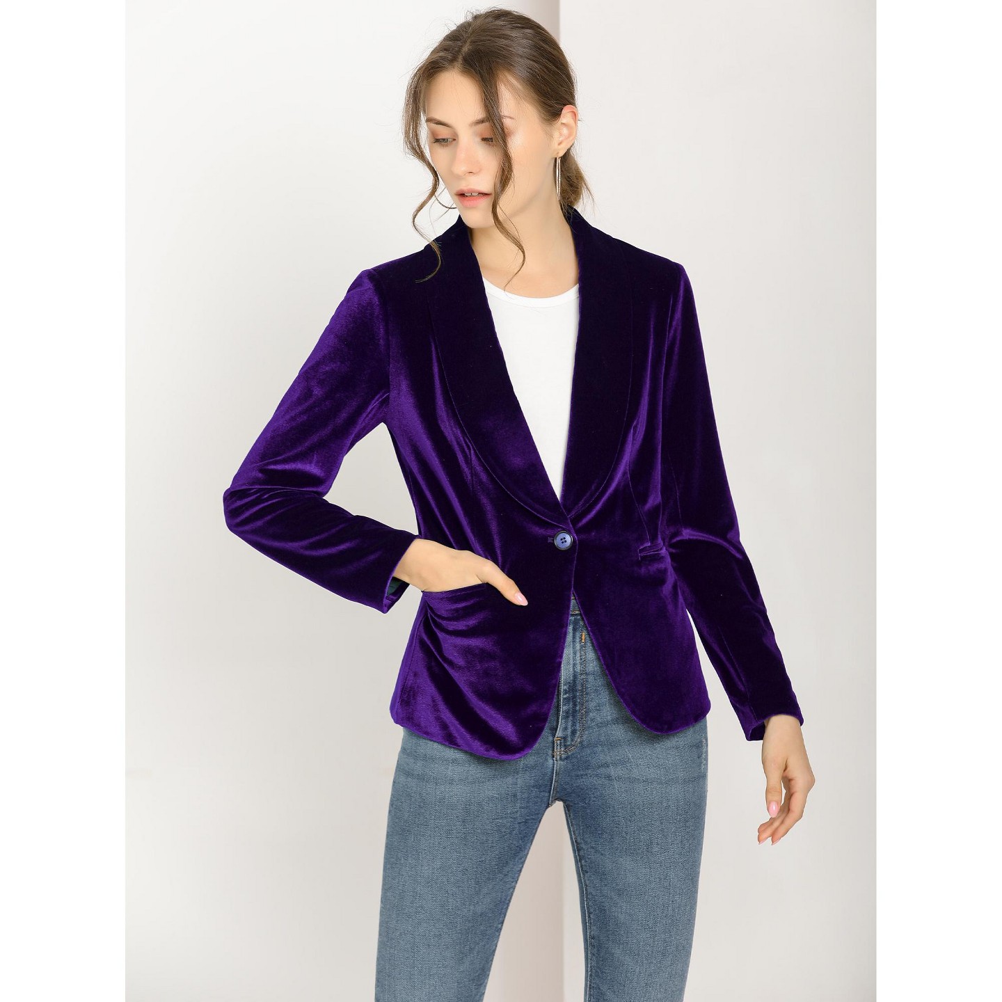 Женский пиджак INSPIRE CHIC Office Solid Shawl Collar Jetted Pockets One Button Velvet Blazer X-Large Olive Green, цвет: Глубокий фиолетовый — фото 3