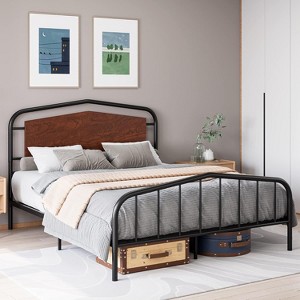 Metal Bed Frame with Wooden Headboard Wrought Iron Metal Platform Bed Frame No-Squeak Under Bed Storage No Box Spring Required Easy Assembly for Bedr - 1 of 4