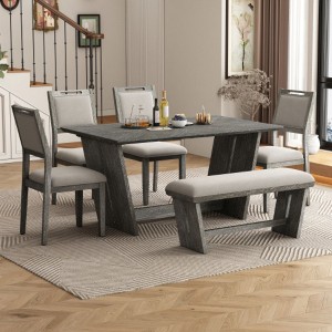 6-Piece Retro Dining Set, 1 Rectangular Table with Stable Trapezoidal Table Base and 4 Upholstered Chairs and 1 Bench for Dining Room and Kitchen - 1 of 4