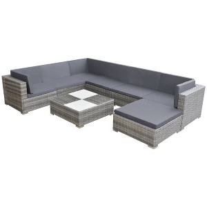 vidaXL 8-Piece Patio Lounge Set - Gray Poly Rattan with Comfortable Cushions, Versatile Configuration - Ideal for Garden and Patio Use - 1 of 4