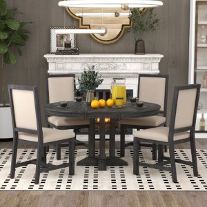 5-Piece Dining Set Extendable Round Table and 4 Upholstered Chairs Farmhouse Dining Set for Kitchen, Dining Room - 1 of 4