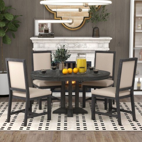 The Misty Moon 5 Piece Dining Set Extendable Round Table and 4 Upholstered Chairs Farmhouse Dining Set for Kitchen Dining Room