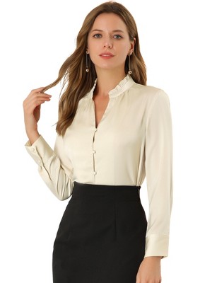 INSPIRE CHIC Women's Ruffled Stand Collar Long Sleeve Button Elegant Satin Shirt