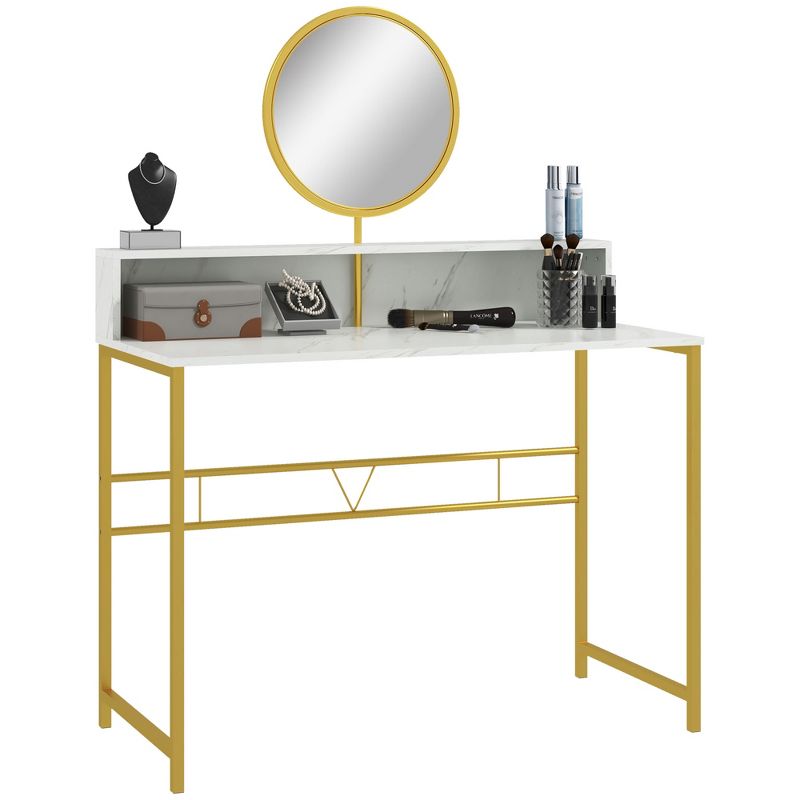 HOMCOM Modern Vanity Makeup Desk with Mirror, Dressing Table with Open Storage, Faux Marble Finish and Steel Frame for Bedroom, White and Gold, 1 of 7