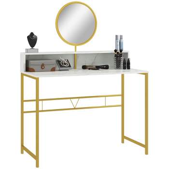HOMCOM Modern Vanity Makeup Desk with Mirror, Dressing Table with Open Storage, Faux Marble Finish and Steel Frame for Bedroom, White and Gold