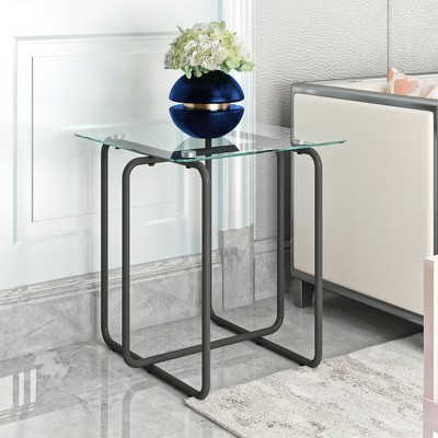 Transparent Tempered Glass End Table with Black Metal Frame