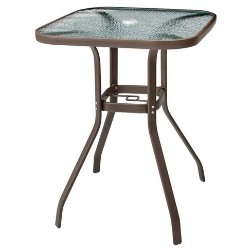 Square Patio Bar Height Table With, Glass Top Outdoor Dining Table With Umbrella Hole