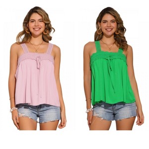 INSPIRE CHIC Women's Square Neck Panel Lace Ruffles Casual Sleeveless Tank Top 2 Packs - 1 of 4
