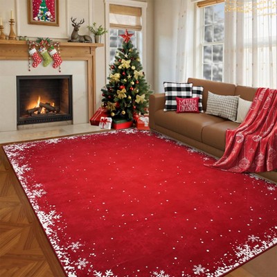 Christmas Snowflake Area Rug, Indoor Floor Carpet Washable with Non Slip Backing, Low Pile Stain Resistant Floor Mat for Living Room, Nursery