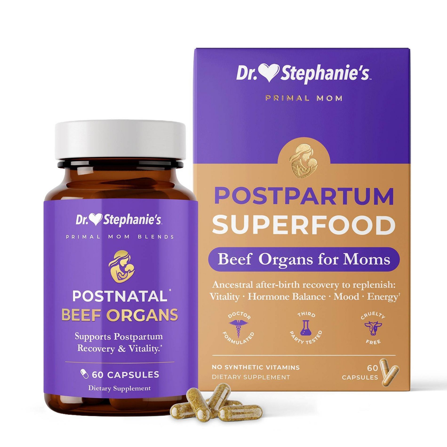 Dr. Stephanie's Beef Organs Iron Supplement Capsules for Moms, With Vitamins A & B, Zinc & Choline - 60ct