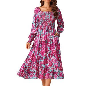 Seta T Women's Floral Long Sleeve Square Neck Smocked Ruffle Hem Flowy Midi Dress with Pockets - 1 of 4