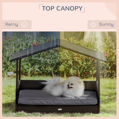 Gray Wicker Outdoor Dog House with Canopy and Water-Resistant Cushion