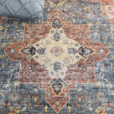 Rust and Blue Green 4' x 6' Synthetic Washable Area Rug