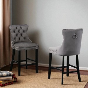 Mshliw Set of 2 Contemporary Velvet Upholstered Barstools with Tufted Back, Chrome Nailhead Trim and Solid Wood Legs for Kitchen and Home Bar - 1 of 4