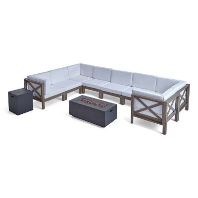 Brava 10pc Acacia Wood U-Shaped Sectional Sofa Set with Fire Pit - Gray/White/Dark Gray - Christopher Knight Home