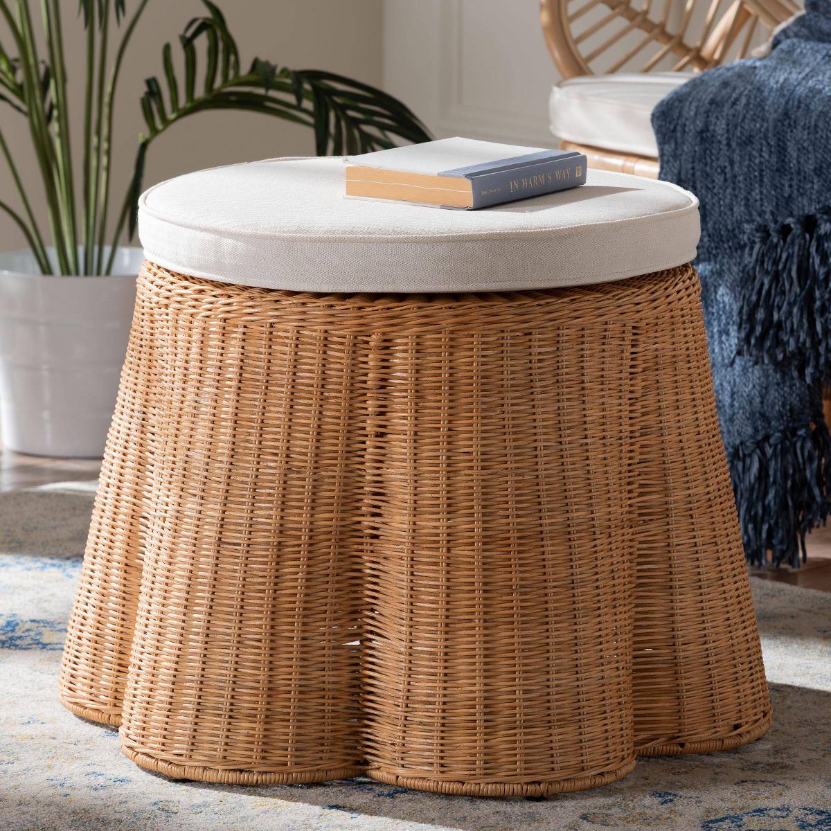bali & pari Palm Scallop Natural Rattan 26" Round Ottoman with Cushion Light Honey - thumbnail 5