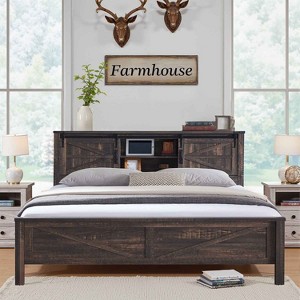 SinCiDo Farmhouse Bed Frame,w/Charging Station, Storage Bookcase Headboard,Sliding Barn Door,No Box Spring Needed, w/Wood Slats Support - 1 of 4