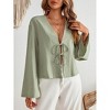 Women Shirt Tie Front Tops Long Sleeve V Neck Casual Lace Up Bow Blouses - 3 of 4