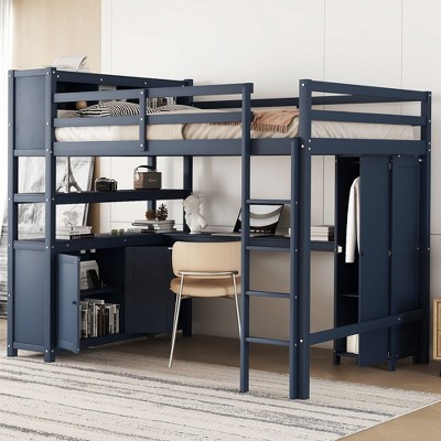 NicBex Full Size Bunk Bed with Desk Pine Frame Bed Frame with Storage Cabinet, Wardrobe, Bedside Table, Guardrails and Ladder, Space Saving