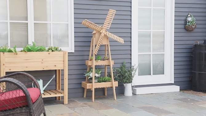Outsunny Outdoor Plant Stand, 2 Tier Wood Flower Stand with Windmill, Garden Decor Plant Shelf with Built-in Mini Bird House, Great for Indoor/Outdoor, 2 of 9, play video