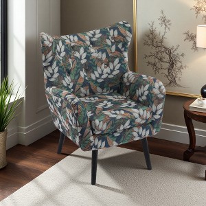 Polyester Wingback Armchair with Button-Tufted Back and Oak Wood Legs - 1 of 4