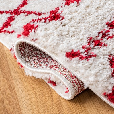 Ivory and Red Geometric Shag Area Rug 9' x 12'