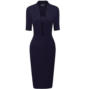 Allegra K Women's V Neck Short Sleeve Work Office Bodycon Midi Sheath Dress - 1 of 4