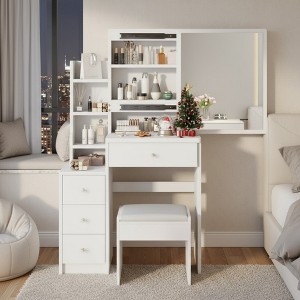 FONTOI 29.2"W Makeup Vanity Table Desk with Mirror Cushioned Stool Sliding Storage for Woman Bedroom Dressing Room, White - 1 of 4
