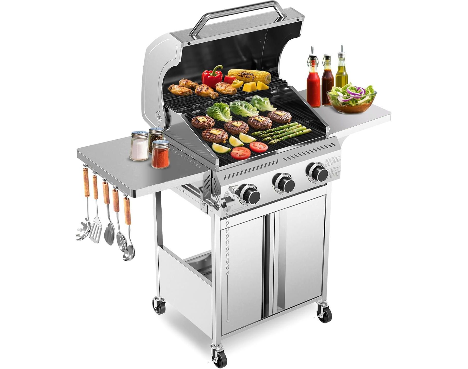 ZAFRO 3-Burner Propane Gas Grill with Side Burner 34,000 BTU Stainless Steel Outdoor BBQ Grill, Cast Iron Grates, Portable for Patio, Camping