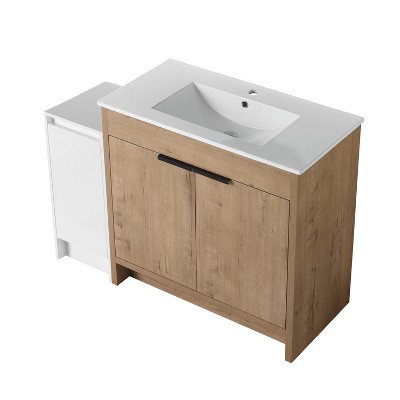 Vynxaria 48 in. Single Freestanding White Glossy Imitation Oak Plywood Bath Vanity with White Basin Top KD-PACKING Ready to Assemble