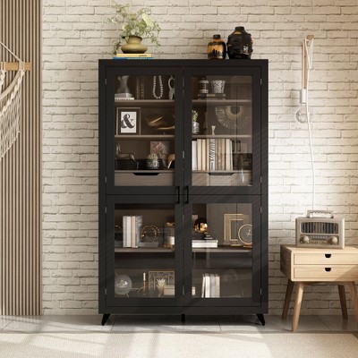 FUFU&GAGA Black Modern-Style Storage Cabinet with Magnetic-Suction Glass Doors and Internal Drawers