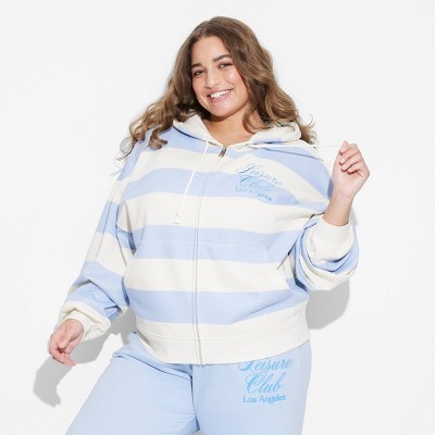 Women's Leisure Zip-Up Striped Graphic Hoodie Sweatshirt - Blue