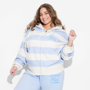 Women's Leisure Zip-Up Striped Graphic Hoodie Sweatshirt - Blue - 1 of 3