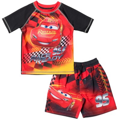 Disney Pixar Cars Lightning McQueen Rash Guard and Swim Trunks Outfit Set Toddler to Little Kid 