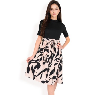 Anna-Kaci Women's High Neck Short Sleeve Dress with Contrast Leaf Print A-Line Skirt and Tie Waist
