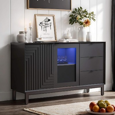 SAINTCY 54" Large Sideboard Buffet Cabinet with 3 Drawers, Mid Century Sideboard Kitchen Cabinet with Led Light, Coffee Bar for Kitchen, Living Room