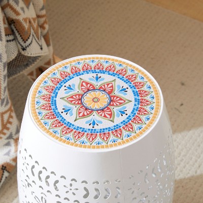 CAVINAS Flower Patten Ceramic Tile Outdoor Patio End Table,Waterproof Small Side Table for Patio,Garden,Balcony