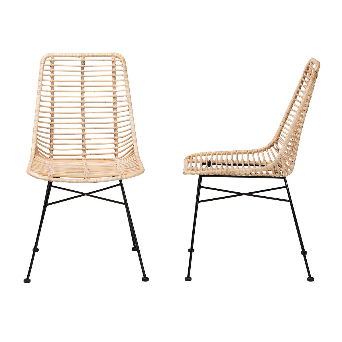 bali & pari Manhattan Modern Bohemian Natural Brown Rattan and Black Metal 2-Piece Dining Chair Set - thumbnail 4