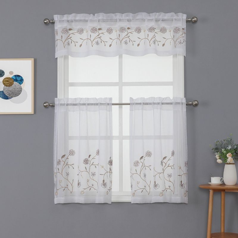 Kate Aurora Complete 3 Piece Embroidered Shabby Floral Roses Sheer Cafe Kitchen Curtain Tier & Valance Set, 1 of 10