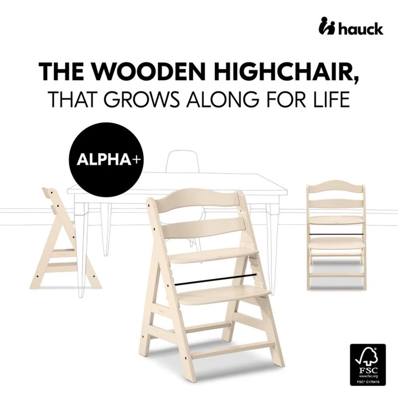 Hauck Alpha+ Grow Along Adjustable Wooden High Chair Seat w/ 5 Point Harness & Bumper Bar for Baby & Toddler Up to 198 lbs, 3 of 11