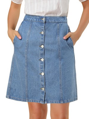 Allegra K Women's Elastic Back Short Button Down Denim Skirts with Pockets
