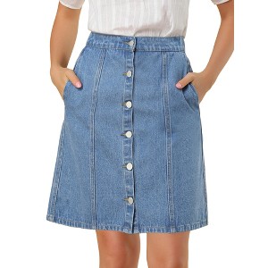 Allegra K Women's Elastic Back Short Button Down Denim Skirts with Pockets - 1 of 4