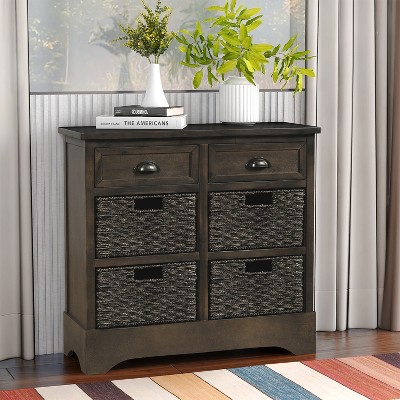 YOOCOZZ Rustic Cabinet with 2 Drawers & 4 Rattan Baskets