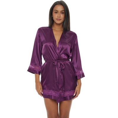 Alexander Del Rossa Women's Lace Trim Satin Robe, Knee Length