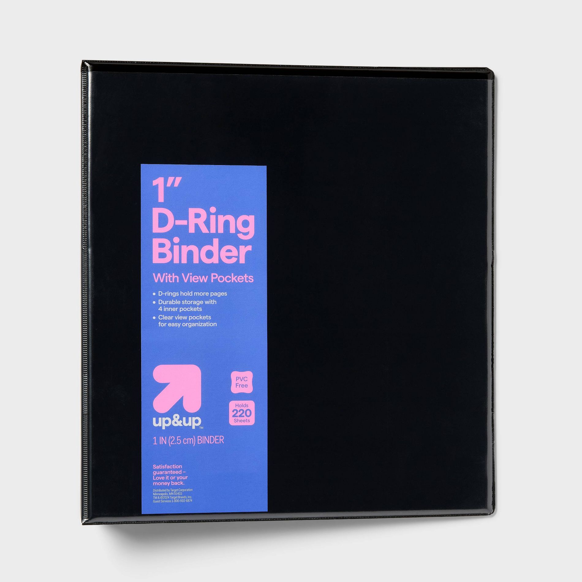 1" 3 Ring Binder Clear View Black - up&up™: Standard D-Ring, 220 Sheet Capacity, 2 Internal Pockets, Polypropylene